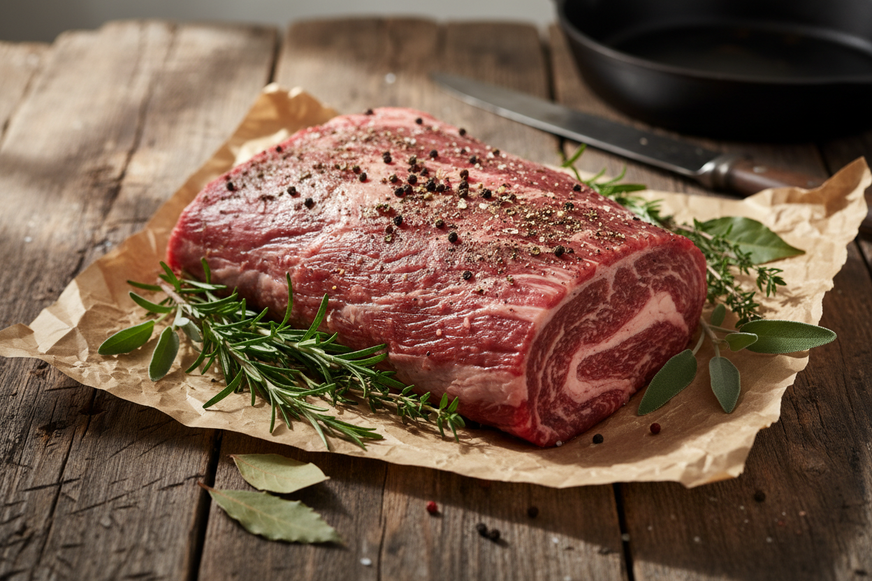 Premium beef chuck roast on butcher paper with fresh herbs