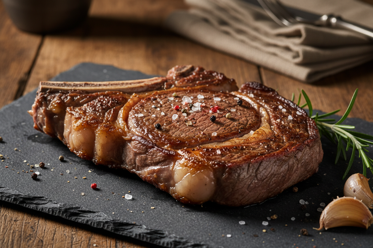 Premium ribeye steak with rich marbling on dark slate surface